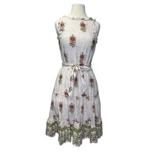 Roller Rabbit Valley Floral Naoki Dress XS Boho Cotton Ruffle Tiered Belt Ruffle